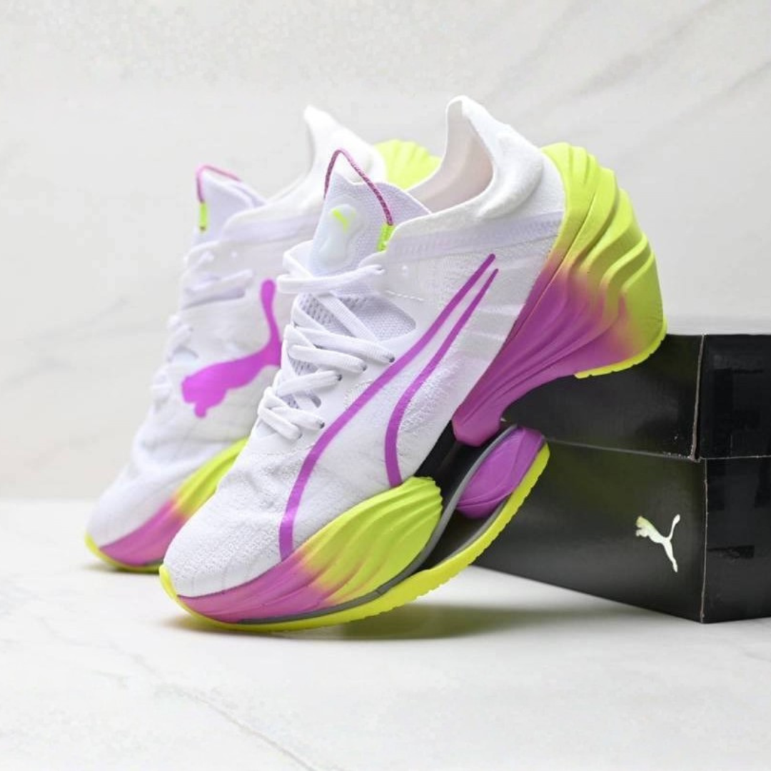 Tênis Puma Fast-RB Nitro Elite - Branco/Roxo/Verde Neon
