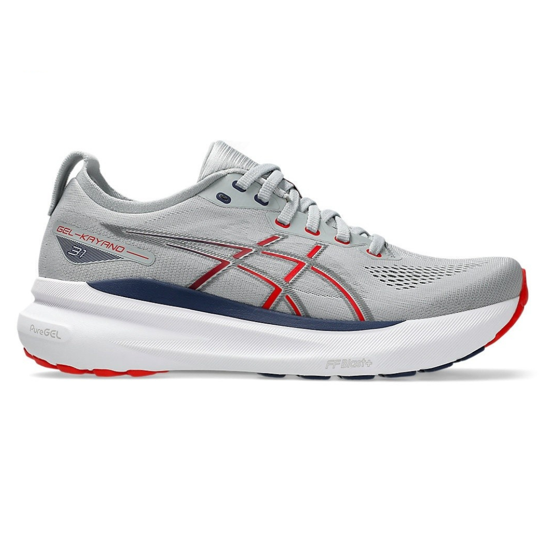 Tênis Asics Gel-Kayano 31 Cinza com Vermelho e Azul Marinho