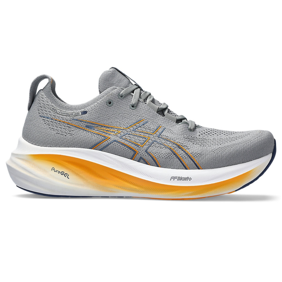 Tênis Asics Gel - Nimbus 26 - Cinza e azul Marinho com Branco e Laranja