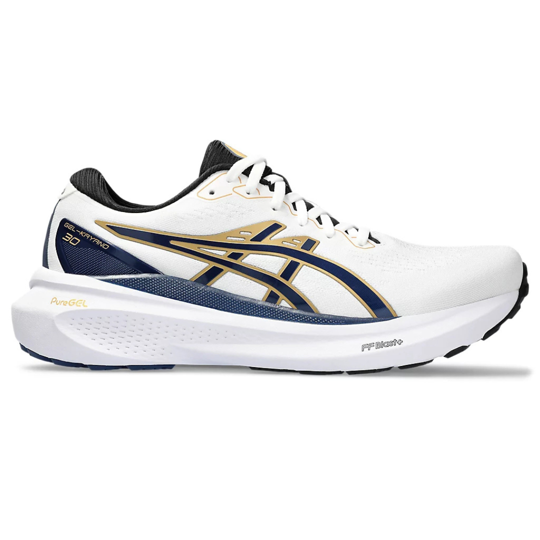 Tênis Asics Gel-Kayano 30 - Branco com Azul Marinho e Dourado