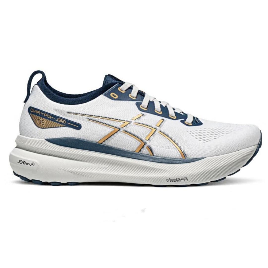 Tênis Asics Gel-Kayano 31 Branco com Azul Marinho e Dourado