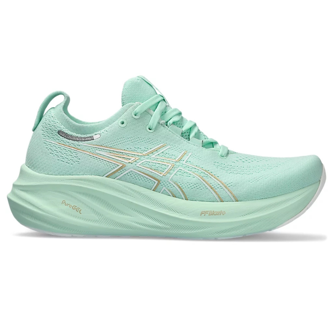 Tênis Asics Gel - Nimbus 26 - Verde com Branco e Dourado