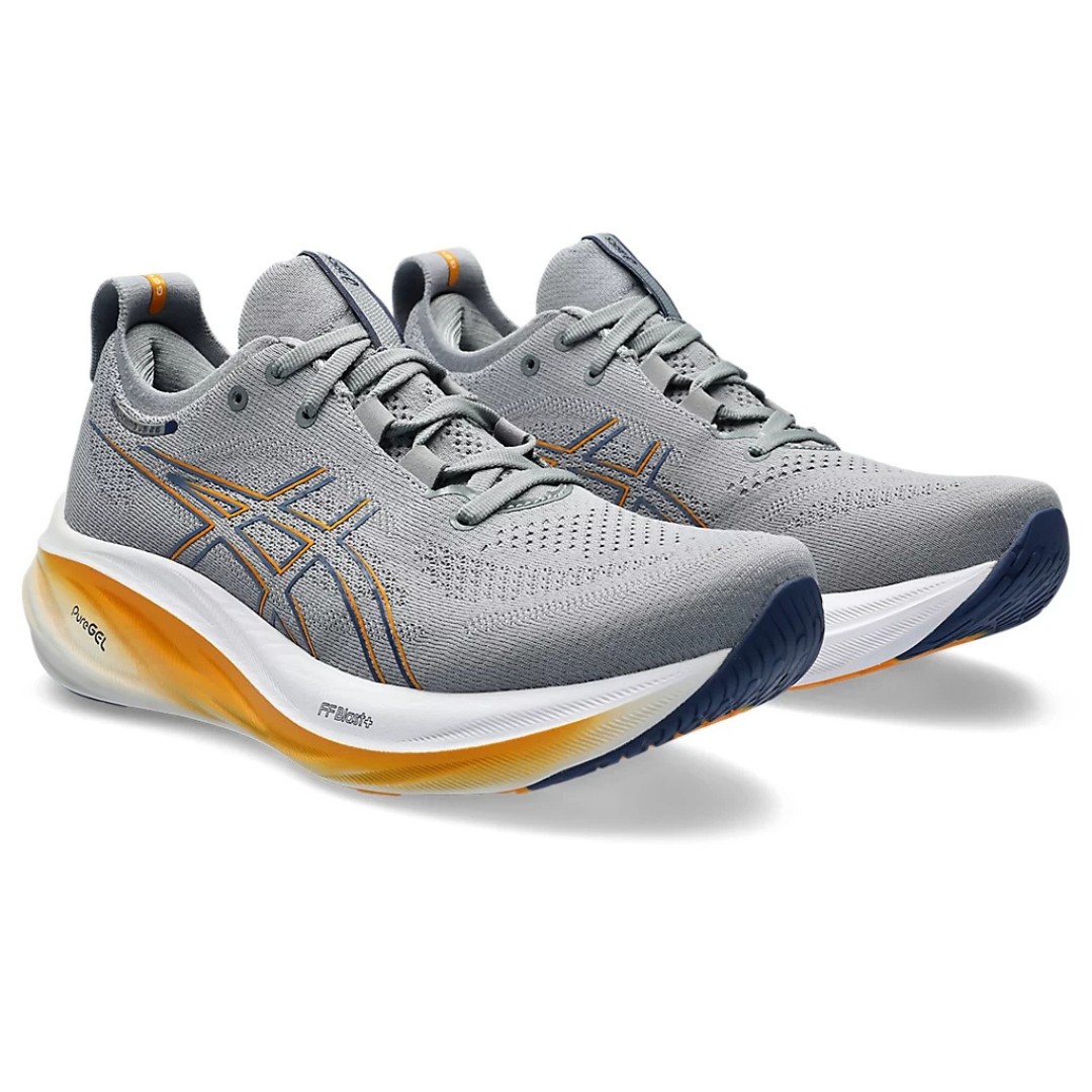 Tênis Asics Gel - Nimbus 26 - Cinza e azul Marinho com Branco e Laranja