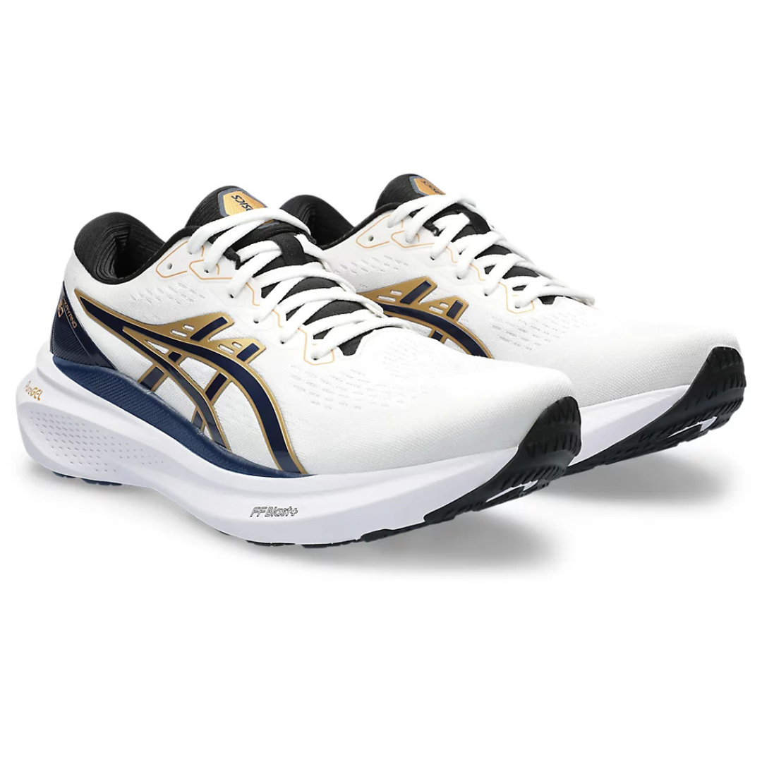 Tênis Asics Gel-Kayano 30 - Branco com Azul Marinho e Dourado