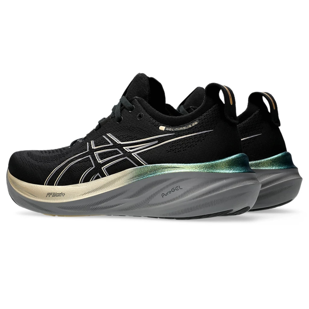 Tênis Asics Gel - Nimbus 26 - Preto e Dourado com Cinza e Verde