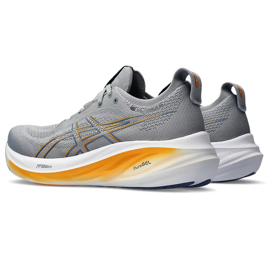 Tênis Asics Gel - Nimbus 26 - Cinza e azul Marinho com Branco e Laranja