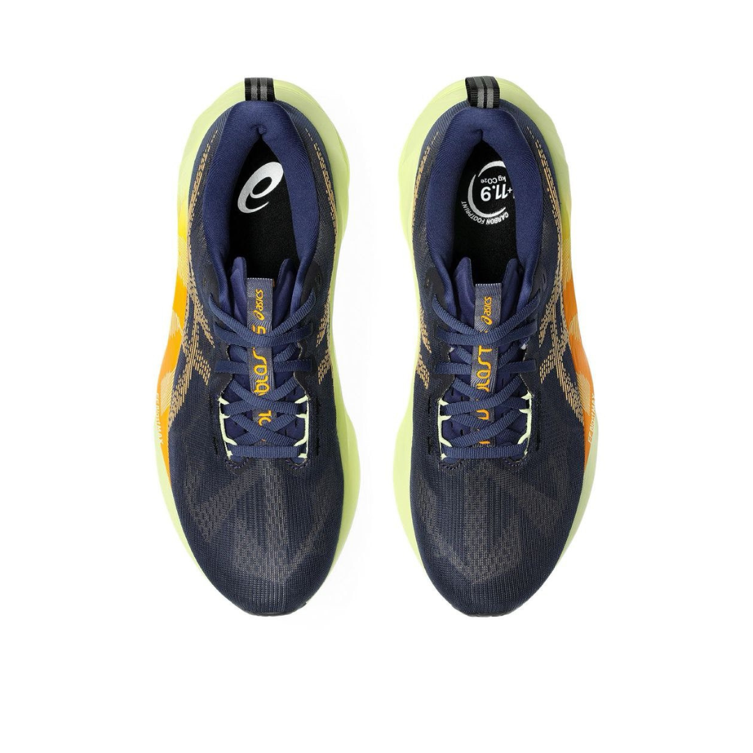 Tênis Asics Novablast 5 - Azul Marinho com Verde e Laranja