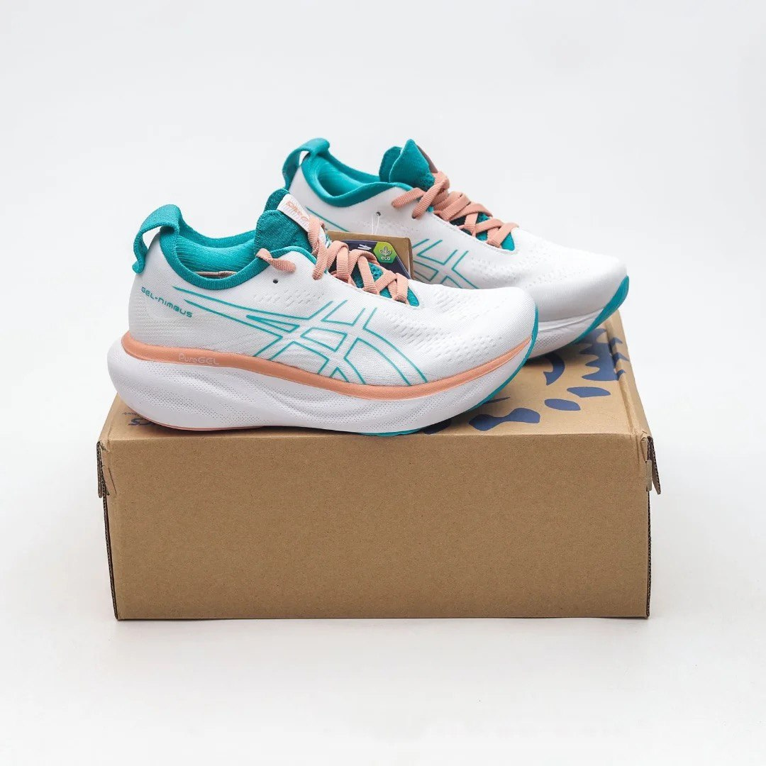 Tênis Asics Gel - Nimbus™ 25 Branco com Jade e Laranja