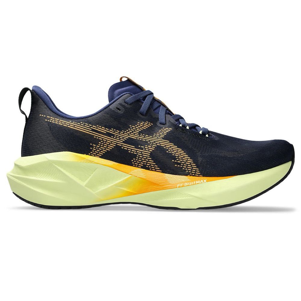 Tênis Asics Novablast 5 - Azul Marinho com Verde e Laranja