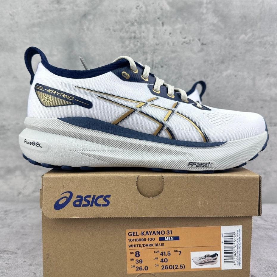 Tênis Asics Gel-Kayano 31 Branco com Azul Marinho e Dourado