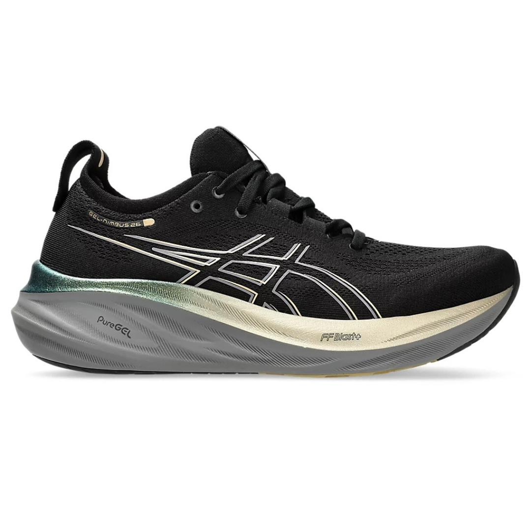 Tênis Asics Gel - Nimbus 26 - Preto e Dourado com Cinza e Verde