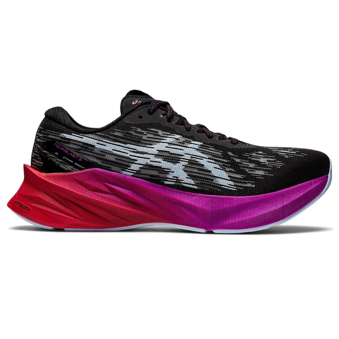 Tênis Asics Novablast 3 Preto com Roxo e vermelho