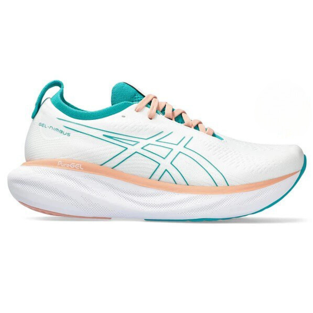Tênis Asics Gel - Nimbus™ 25 Branco com Jade e Laranja