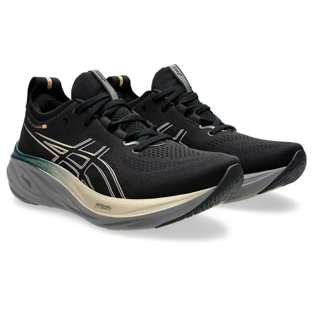 Tênis Asics Gel - Nimbus 26 - Preto e Dourado com Cinza e Verde