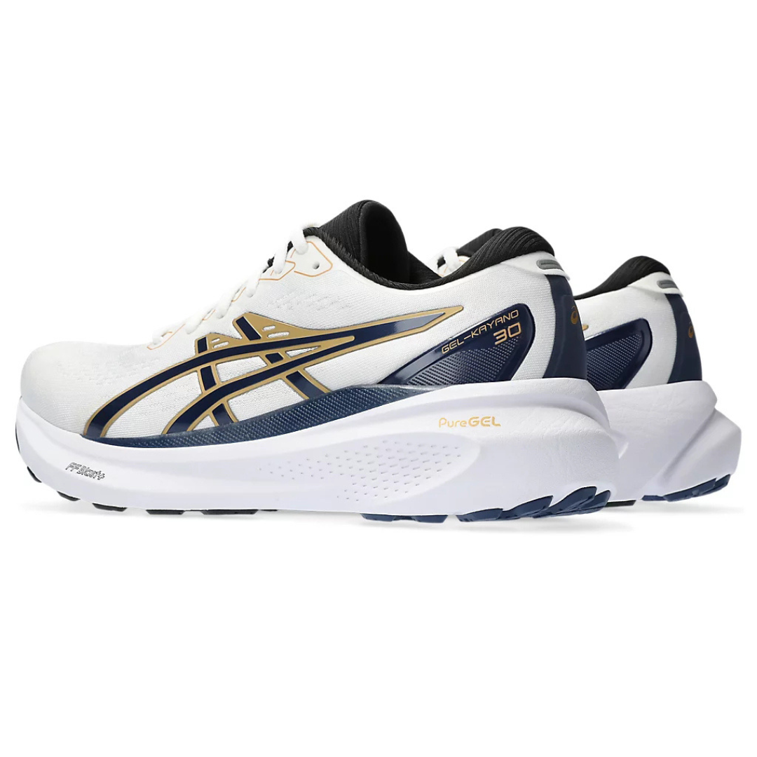 Tênis Asics Gel-Kayano 30 - Branco com Azul Marinho e Dourado