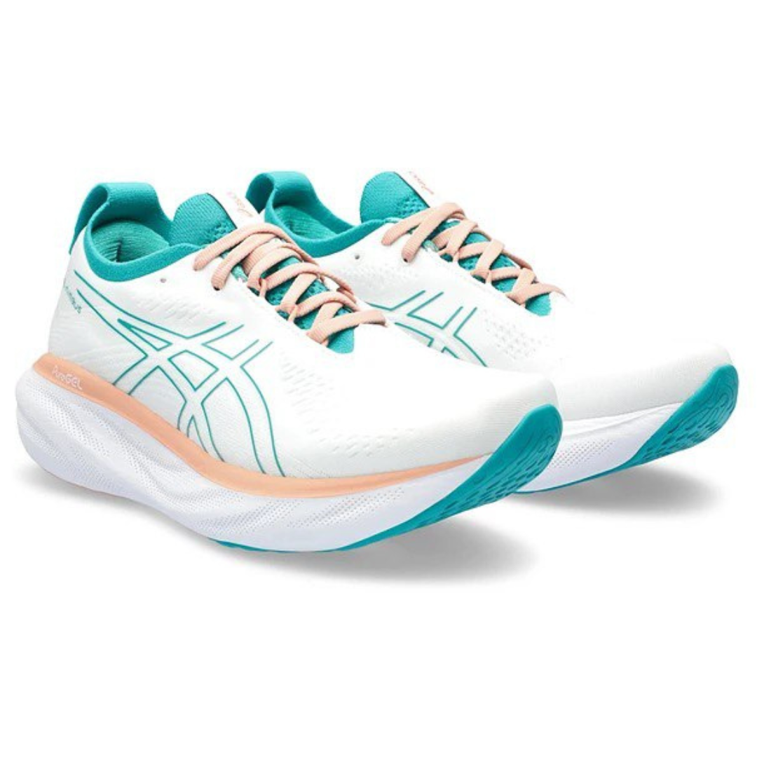 Tênis Asics Gel - Nimbus™ 25 Branco com Jade e Laranja