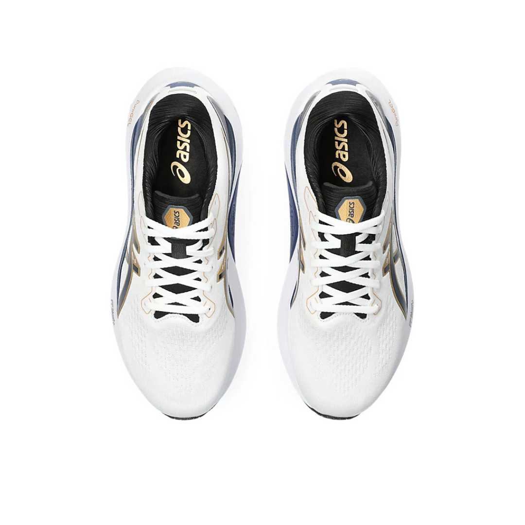 Tênis Asics Gel-Kayano 30 - Branco com Azul Marinho e Dourado