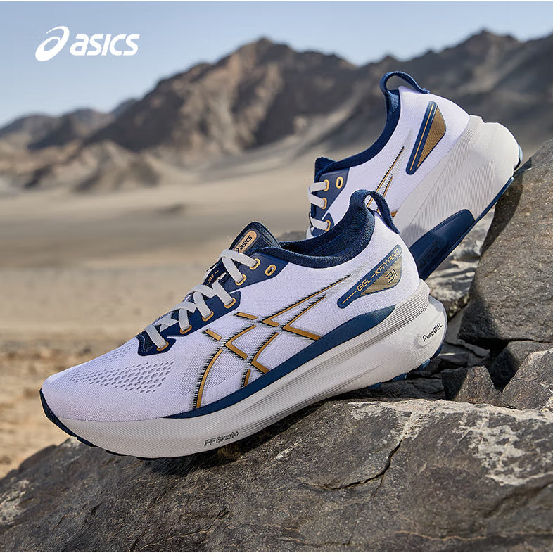 Tênis Asics Gel-Kayano 31 Branco com Azul Marinho e Dourado
