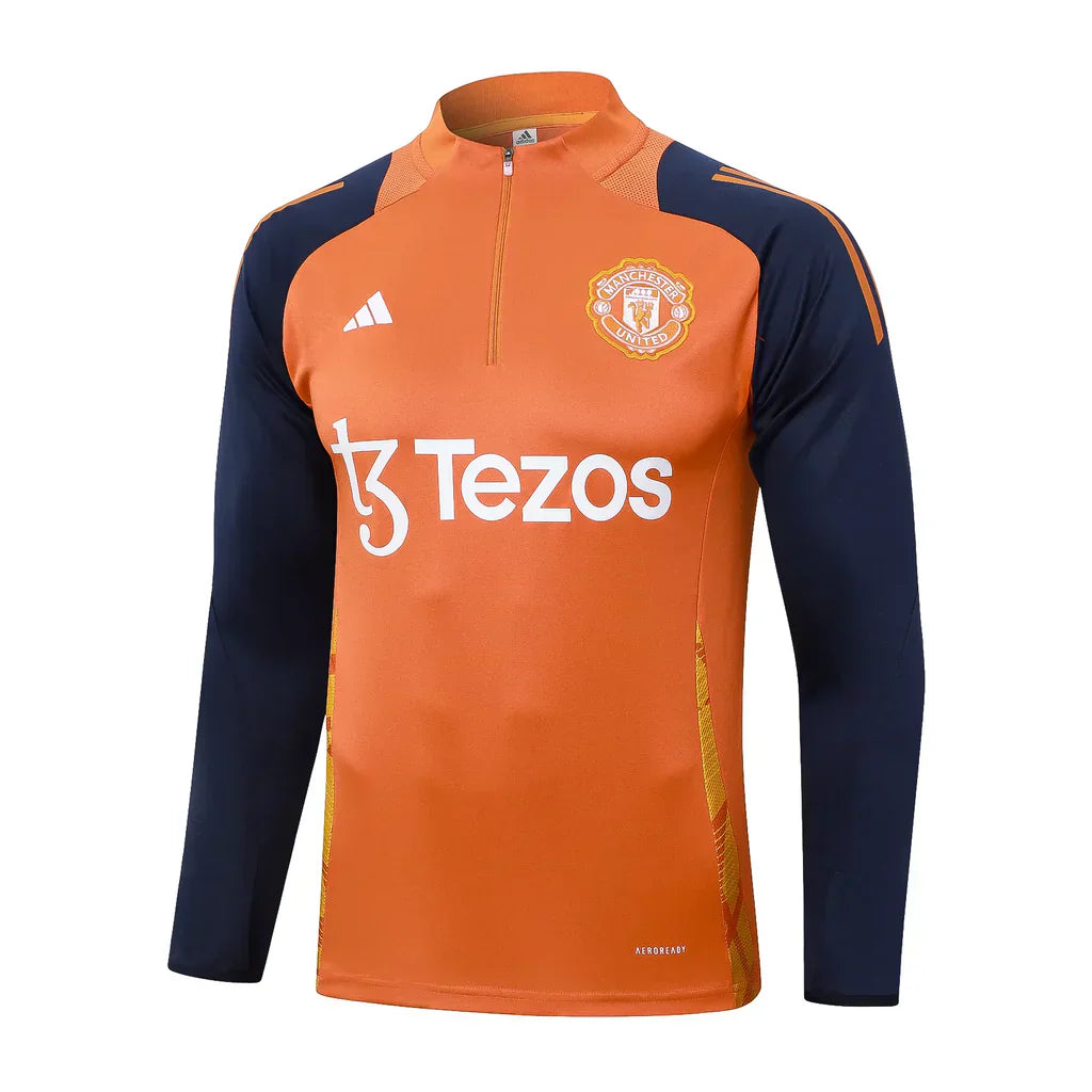Conjunto Manchester United Zíper Curto Treino Laranja e Azul