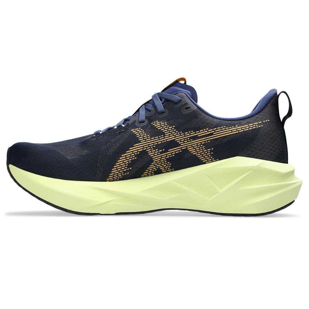 Tênis Asics Novablast 5 - Azul Marinho com Verde e Laranja