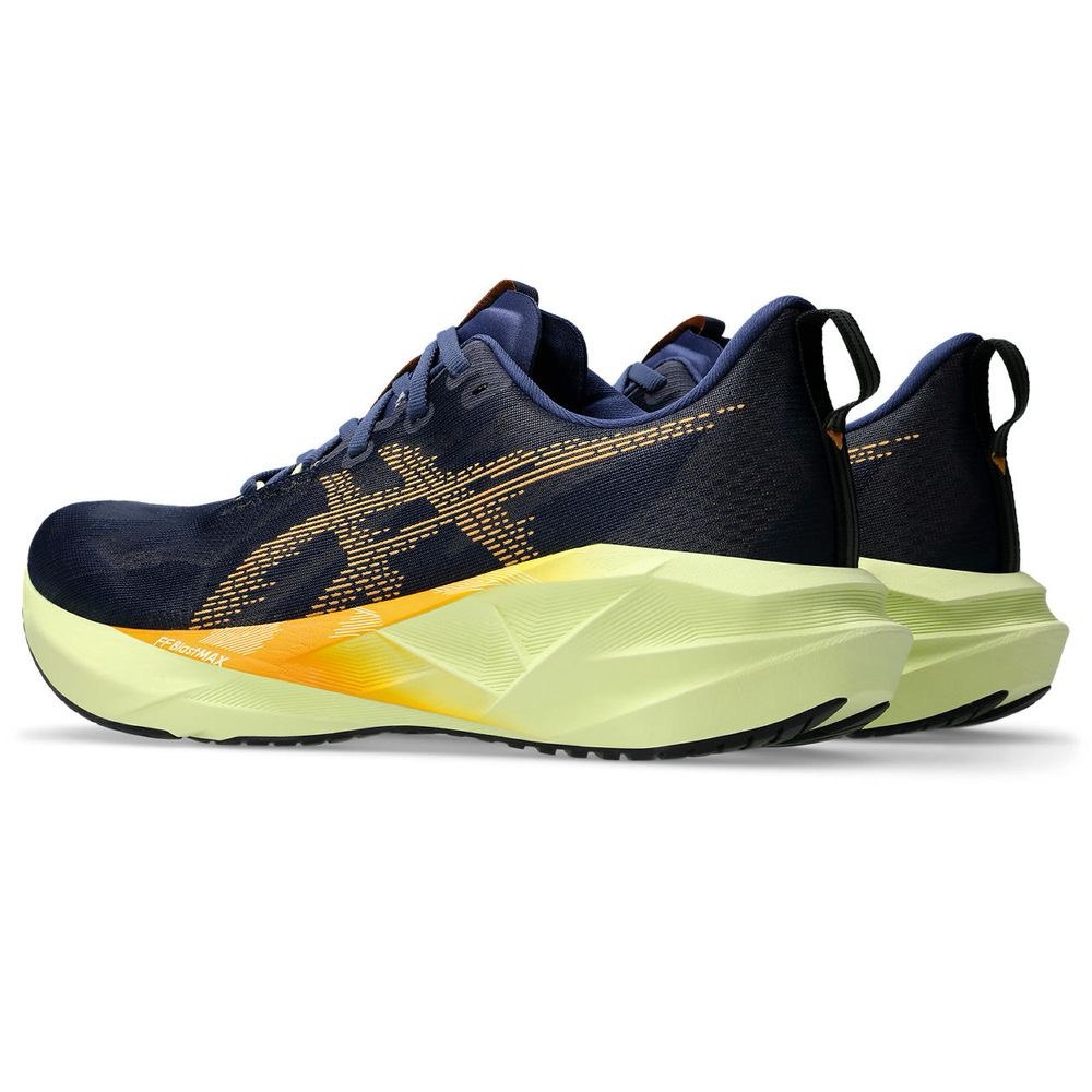 Tênis Asics Novablast 5 - Azul Marinho com Verde e Laranja