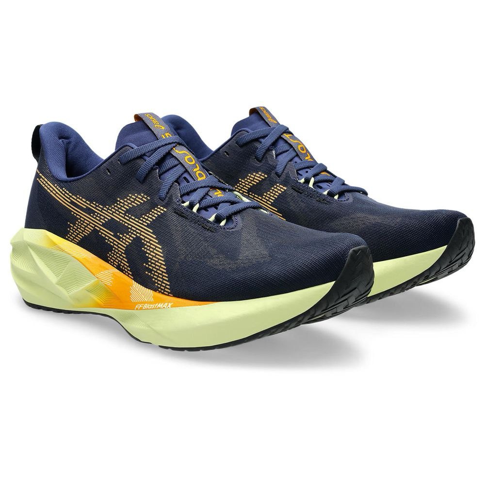 Tênis Asics Novablast 5 - Azul Marinho com Verde e Laranja